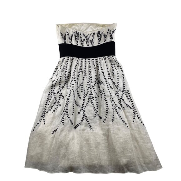 Ann Taylor Womens Dress Strapless White Embroidered Black Waist Linen Fairy - Picture 3 of 10